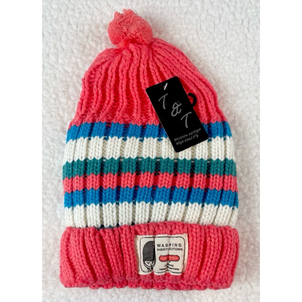 (NWT) T&T • Multicolored Striped Knit Faux Fur-Lined Pom Pom Unisex Beanie